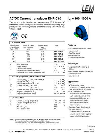 LEM DRH-C10 AC/DC Cuttent transducer handbook - cover page