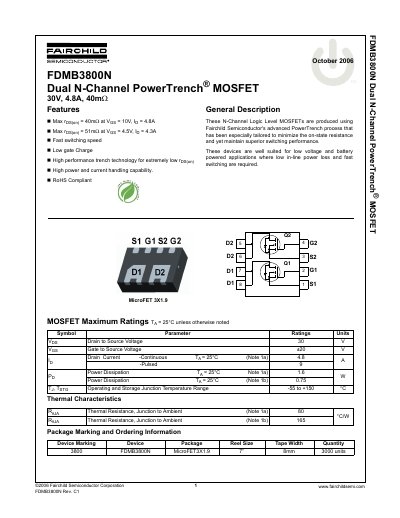 Fairchild FDMB3800N Dual N-Channel MOSFET Datasheet - cover page