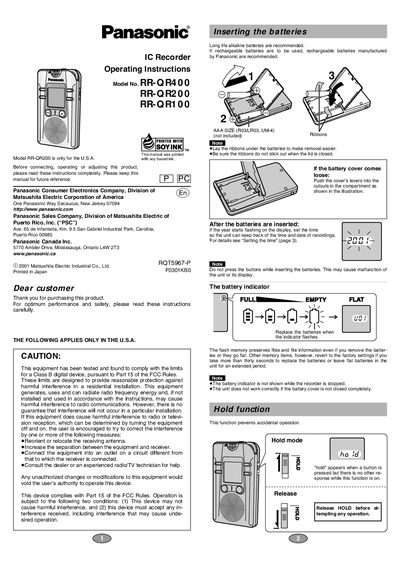 panasonic RR-QR400 RR-QR200 RR-QR100 IC Recorder Operating Instructions - cover page