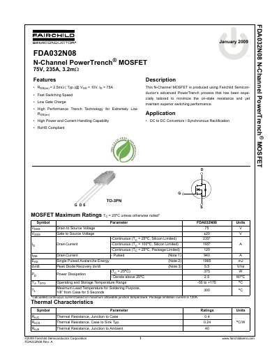 Fairchild Semiconductor FDA032N08 N-Channel MOSFET Datasheet - cover page