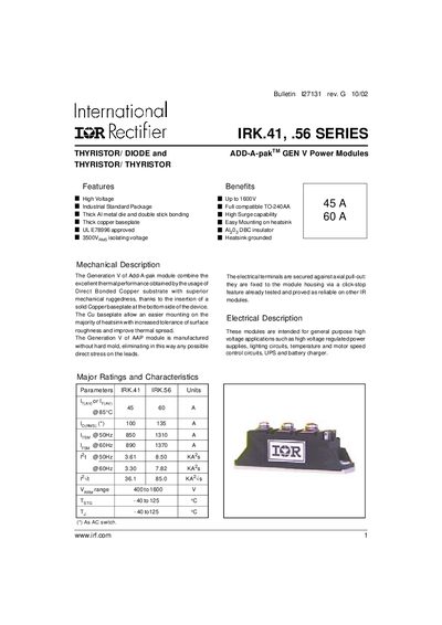 International Rectifier IRK.41 / IRK.56 Series Rectifier Datasheet - cover page