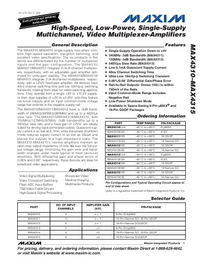 Maxim MAX4310–MAX4315 Single‑Supply Video Multiplexer‑Amplifier Datasheet - cover page