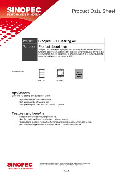Sinopec L-FD Bearing Oil Datasheet - cover page
