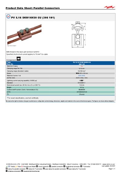 DEHN PV 5.16 SKM10X50 CU Parallel Connectors Product Data Sheet - cover page