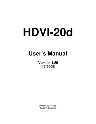 HDVI-20d User Manual Version 1.50 (12/2005) Manual - cover page
