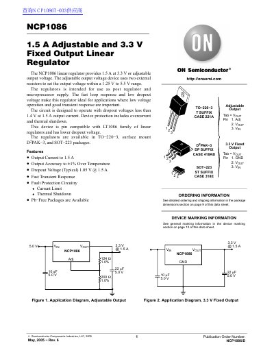ON Semiconductor NCP1086 1.5A Adjustable and 3.3V Fixed Output Linear Regulator Datasheet - cover page