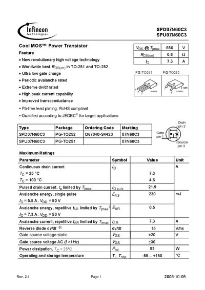 INFINEON SPD07N60C3/SPU07N60C3 Manual - cover page