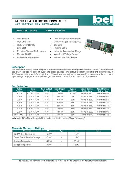 bel NON-ISOLATED DC/DC CONVERTERS 4.5 V - 13.2 V Input 0.9 V - 5.0 V/15 A Output - cover page