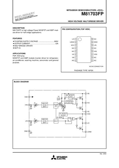Mitsubishi M81703FP High Voltage Half Bridge Driver Datasheet - cover page