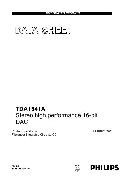 Philips TDA1541A Stereo High Performance 16-bit DAC Data Sheet - cover page