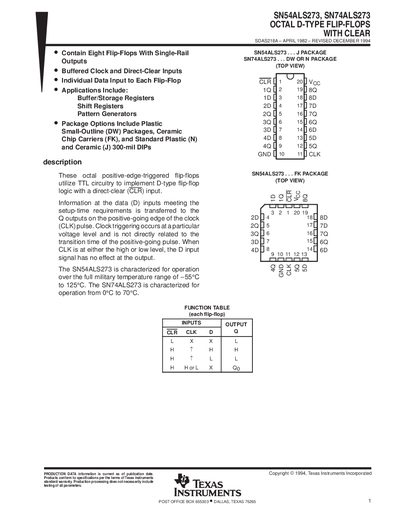 Texas Instruments SN54ALS273 / SN74ALS273 Octal D-Type Flip-Flops with Clear Datasheet - cover page
