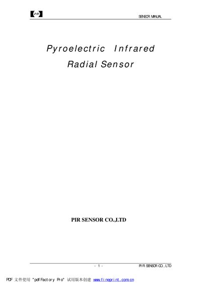 PIR SENSOR CO.,LTD D203S Series Pyroelectric Infrared Radial Sensor Sensor Manual - cover page