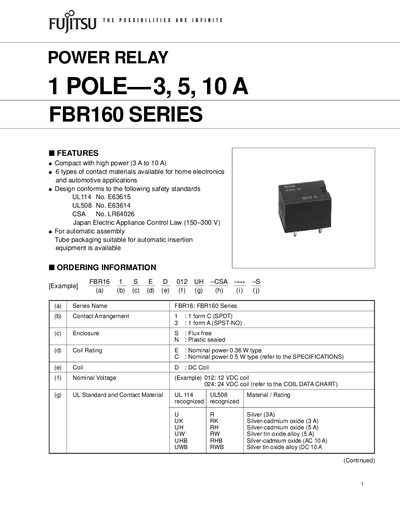 Fujitsu FBR160 Series Relay Datasheet - cover page