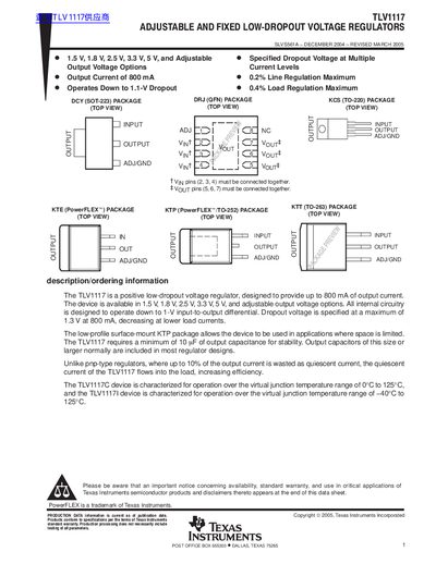 Texas Instruments TLV1117 Adjustable and Fixed Low-Dropout Voltage Regulators Datasheet - cover page