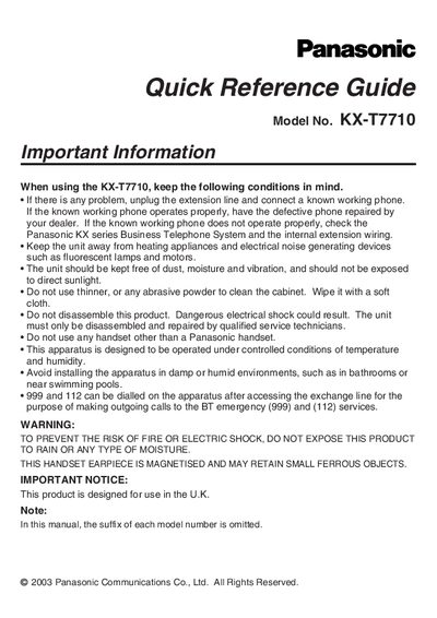 Panasonic KX‑T7710 Telephone Quick Reference Guide - cover page