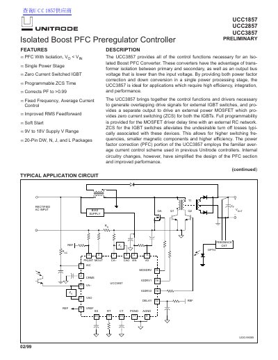 Unitrode UCC1857/UCC2857/UCC3857 Isolated Boost PFC Preregulator Controller Datasheet - cover page