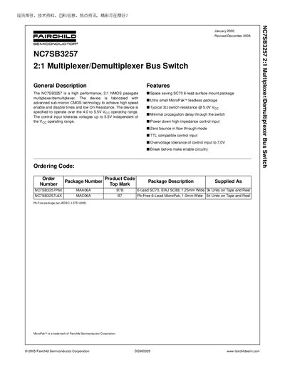 Fairchild NC7SB3257 2:1 Multiplexer/Demultiplexer Bus Switch Datasheet - cover page