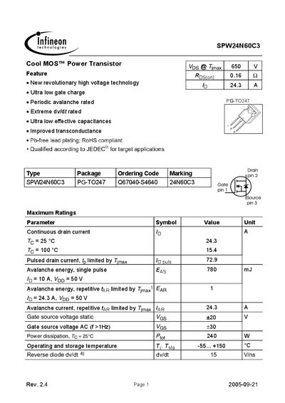 Infineon SPW24N60C3 Cool MOS Power Transistor Datasheet