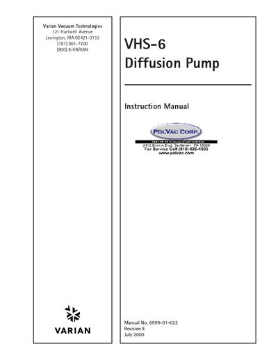 Varian VHS-6 Diffusion Pump Instruction Manual - cover page