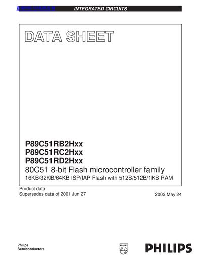 PHILIPS P89C51RB2Hxx P89C51RC2Hxx P89C51RD2Hxx 80C51 8-bit Flash microcontroller family 16KB/32KB/64KB ISP/IAP Flash with 512B/512B/1KB RAM handbook - cover page