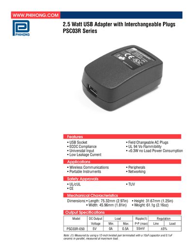 Phihong PSC03R USB Adapter Product Leaflet - cover page