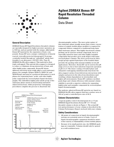 Agilent ZORBAX Bonus-RP Rapid Resolution Threaded Column Datasheet - cover page