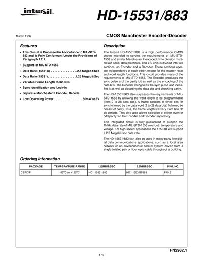 Intersil HD-15531/883 CMOS Manchester Encoder-Decoder Datasheet - cover page