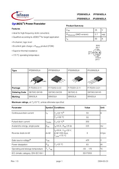 Infineon Technologies IPD06N03LA, IPF06N03LA, IPS06N03LA, IPU06N03LA Power-Transistor Datasheet - cover page