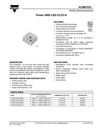 Vishay VLMK/Y61 Series LED Datasheet - cover page