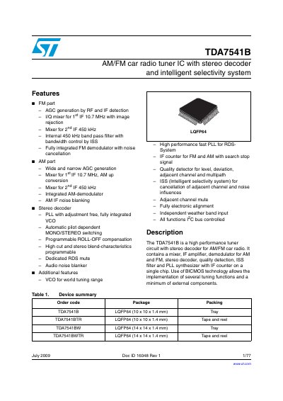 STMicroelectronics TDA7541B AM/FM Car Radio Tuner IC Datasheet