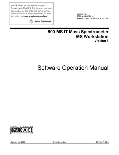 Agilent 500-MS IT Mass Spectrometer MS Workstation V6 Software Operation Manual - cover page