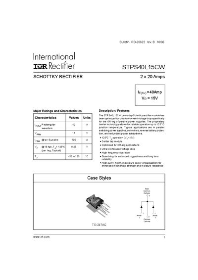 International Rectifier STPS40L15CW Schottky Rectifier Datasheet - cover page