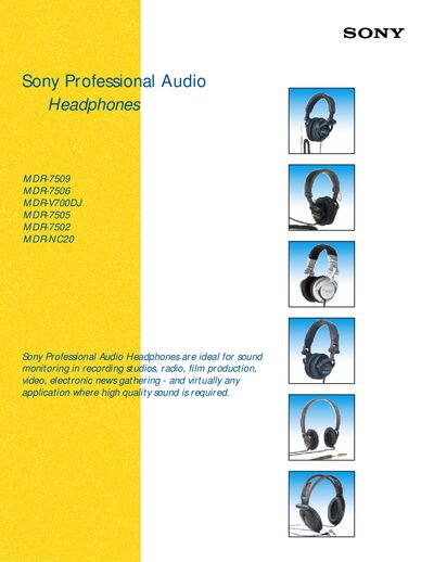 Sony MDR-7509 Professional Audio Headphones Product Leaflet - cover page