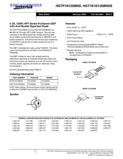 Intersil HGTP1N120BND and HGT1S1N120BNDS IGBT Datasheet - cover page