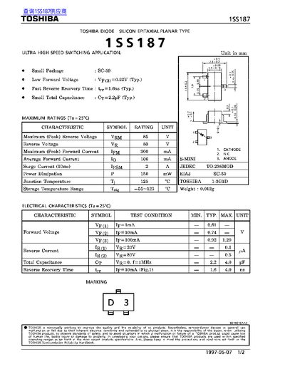 Toshiba 1SS187 Silicon Diode Datasheet - cover page