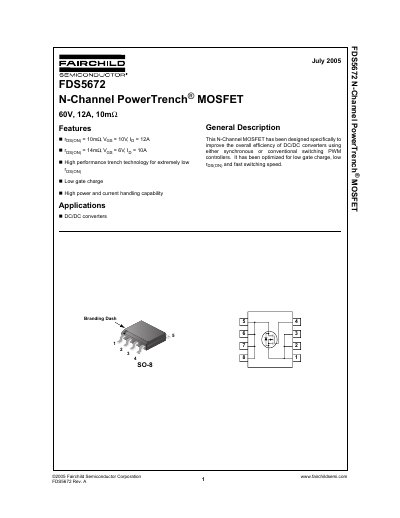 Fairchild Semiconductor FDS5672 N-Channel PowerTrench MOSFET Datasheet - cover page