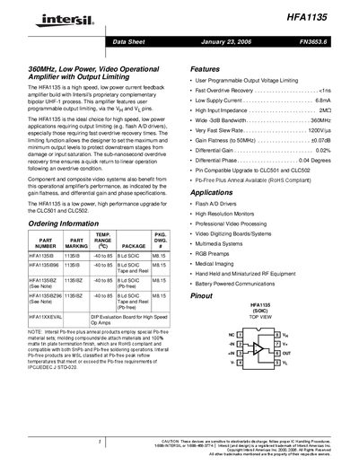 Intersil HFA1135 Operational Amplifier Datasheet - cover page