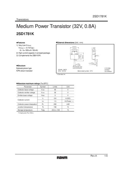 ROHM 2SD1781K Datasheet - cover page