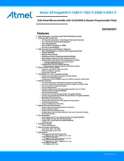 Atmel ATmega640/1280/1281/2560/2561 8-bit Microcontroller Datasheet - cover page
