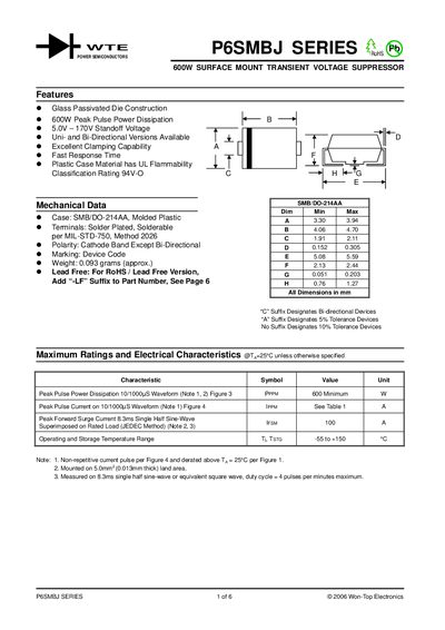 Won-Top Electronics P6SMBJ Series Datasheet - cover page