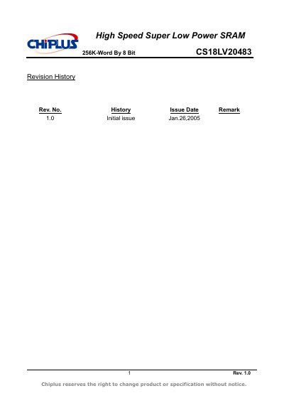CHIPLUS High Speed Super Low Power SRAM 256K-Word By 8 Bit CS18LV20483 handbook - cover page
