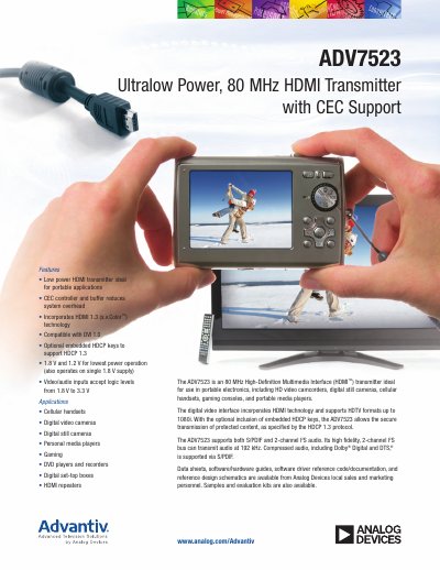 Analog Devices ADV7523 Ultralow Power 80 MHz HDMI Transmitter Datasheet