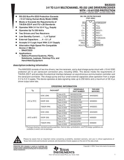 Texas Instruments MAX3223 RS-232 Line Driver/Receiver Datasheet