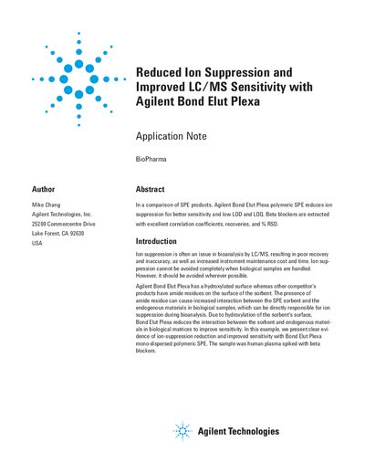 Agilent Bond Elut Plexa Application Note Reduced Ion Suppression Improved LC/MS Sensitivity - cover page