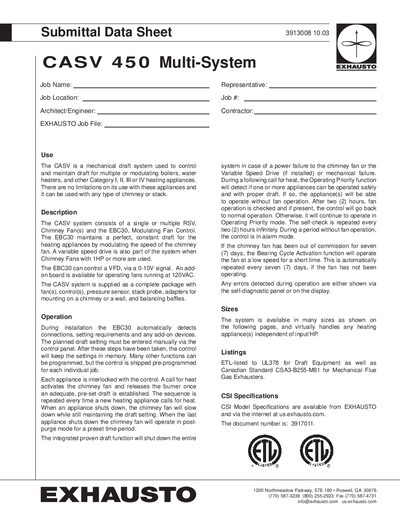 EXHAUSTO CASV 450 Multi-System Submittal Data Sheet - cover page