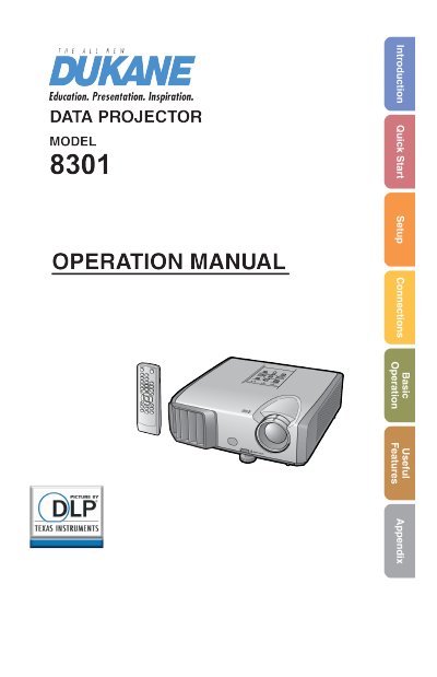 Dukane 8301 Data Projector Operation Manual - cover page