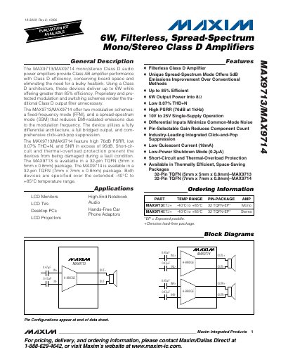 Maxim MAX9713/MAX9714 Class D Audio Power Amplifier Datasheet - cover page