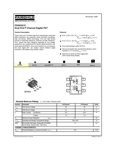 Fairchild Semiconductor FDG6321C Dual N & P Channel Digital FET Datasheet - cover page