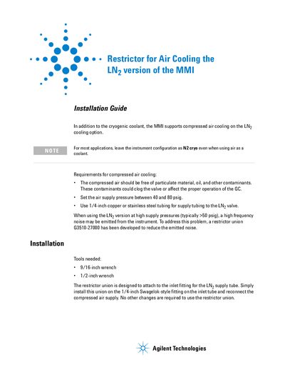 Agilent TechnologiesRestrictor for Air Cooling the LN2 version of the MMI handbook - cover page