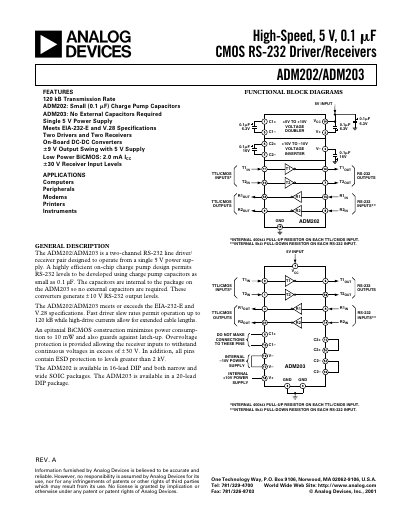 Analog Devices ADM202/ADM203 RS-232 Line Driver/Receiver Datasheet Rev A